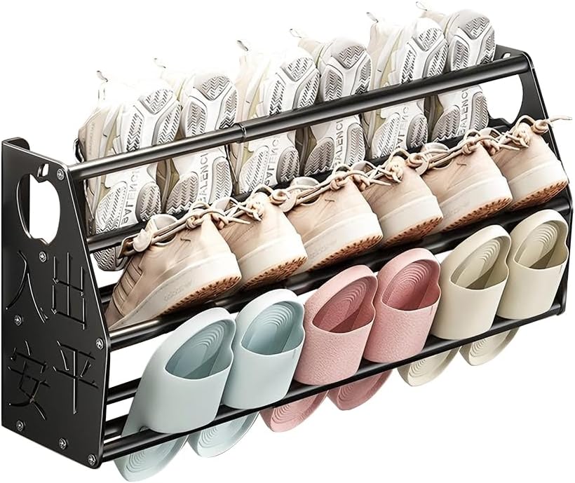 Adjustable Wall Mounted Shoes Rack, No Drilling Slipper Rack, Metal Wall Door Shoe Storage Rack, Shoe Storage Rack for Wall Entryway Bathroom (Black)