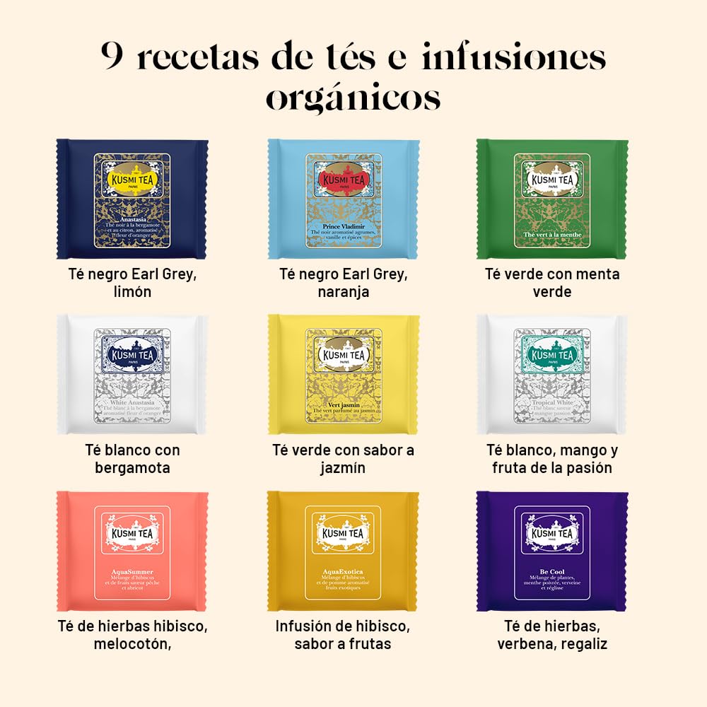 Kusmi Tea - Surtido de Té para Regalo para Mujer o Hombre - 100% Orgánico - Caja de Infusiones - Té Verde, Negro, Blanco, Hibisco - 9 Sabores, 45 Bolsitas - Set de Descubrimiento Kusmi