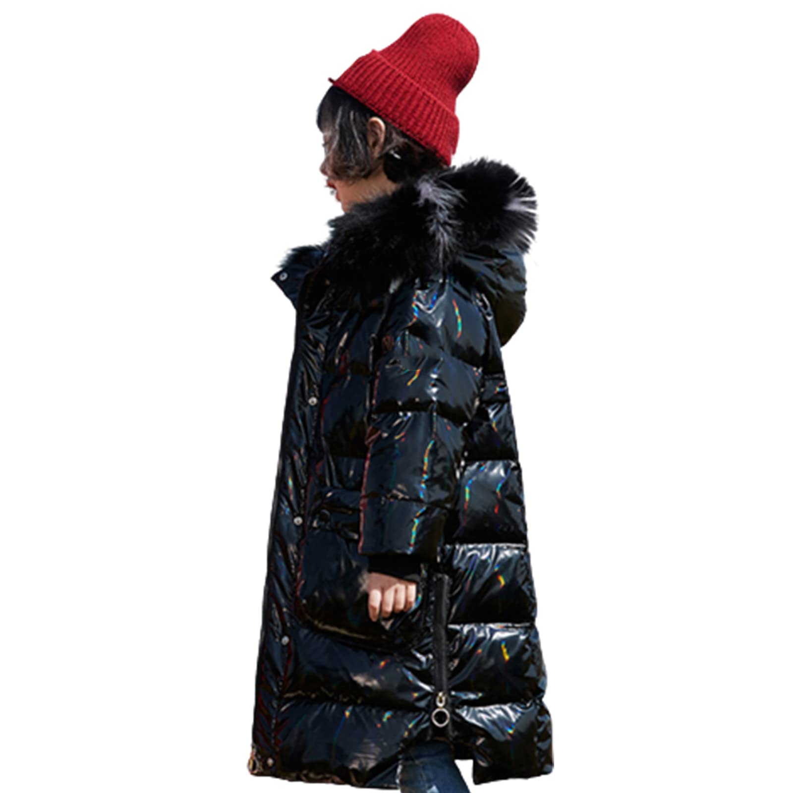 Piumino da Ragazza di Media Lunghezza Piumino Ispessito e Caldo per Bambini 90 Piumino D'Anatra Bianco Colorato Abbigliamento Invernale Luminoso Carino e Dolce,Black,7T(130CM)