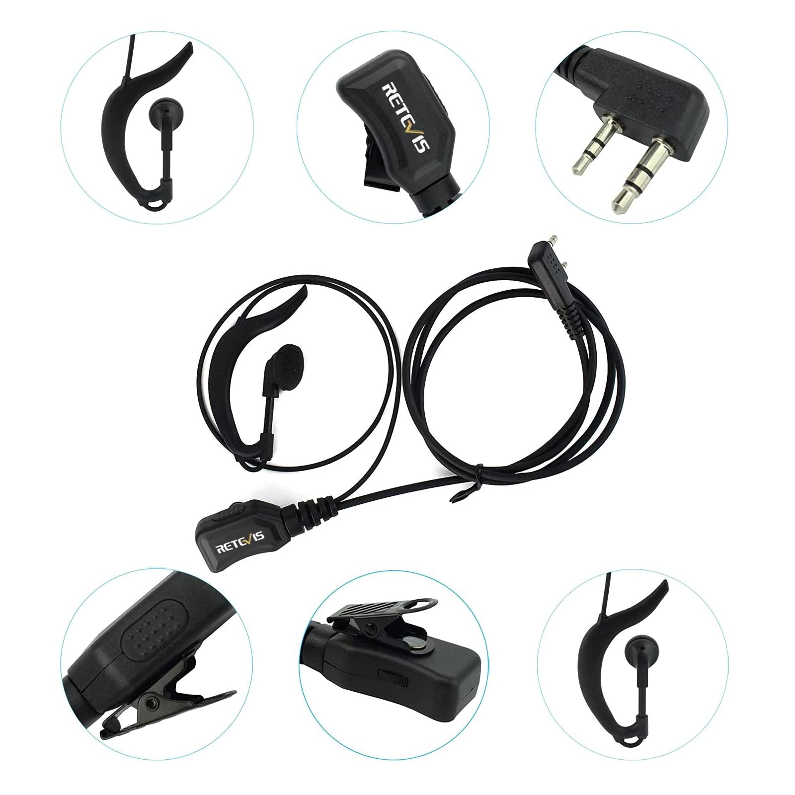 Retevis R111 Talkie Walkie Écouteur 2 Broches Volume Réglable Oreillette Type G Casque Compatible avec Talkie Walkie RT24 RT22 RT27 RT5 BaoFeng BF-888S BF-88E UV-5R Sunreal Kenwood (2 Pcs)
