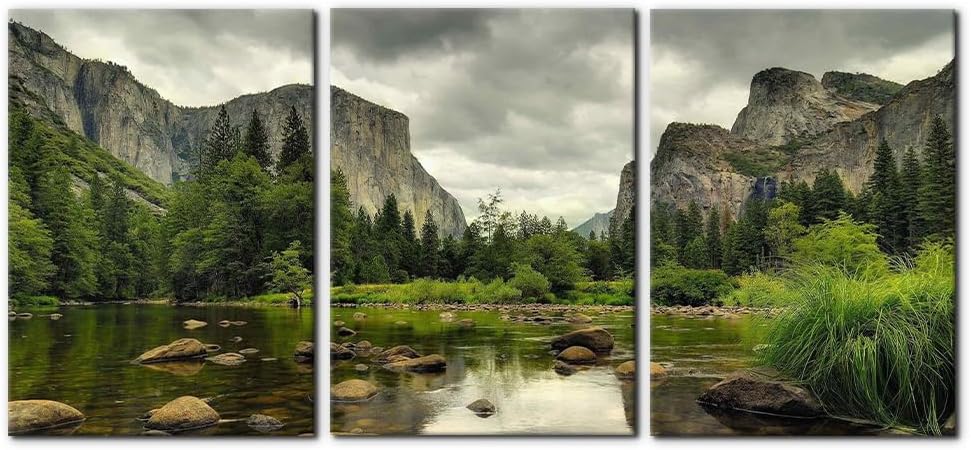 Pacimo Yosemite National Park Canvas Wall Art Decor 3 Pieces Landscape Wall Art Clear Water Lake Mountain Pictures Painting Prints on Canvas Modern Decoration Framed Ready to Hang - 20"x28"x3 Panel Wallart-02 20" x 28" x 3 Panels