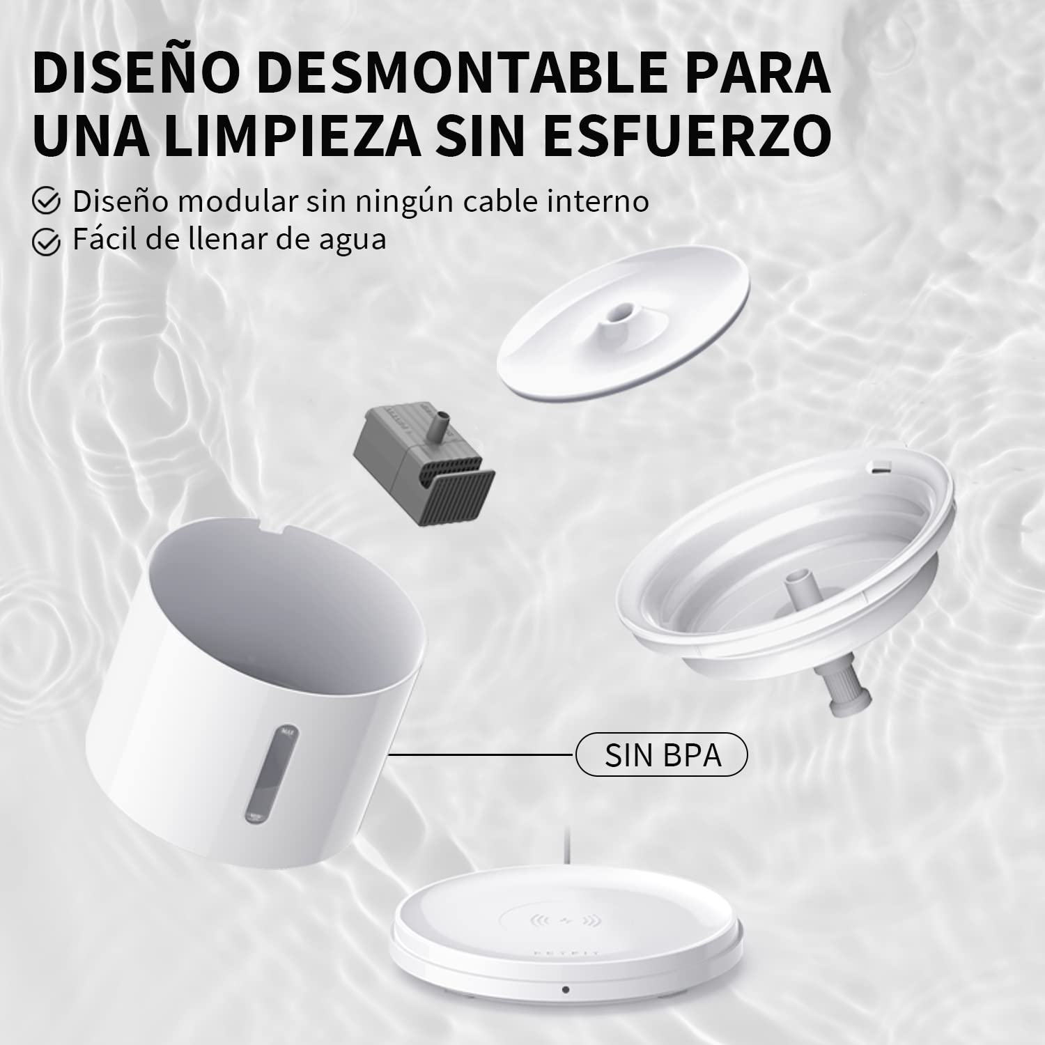 PETKIT EVERSWEET Fuente para Gatos 2L, Bomba Inalámbrica, Control de App, Bebedero Gatos Automatico, Ultrasilencioso, 3 Flujos de Agua, Filtro Triple, Ventana de Nivel de Agua, Luz Led