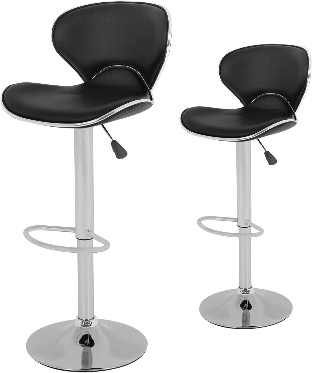 2-Set Black Modern Bar Stools-Counter Height Adjustable Leather Modern Hydraulic Swivel 360 Degrees Bar Chairs- Chrome Ergonomic Breakfast Barstool Chairs with Backs for Pub Kitchen Dinning Stools