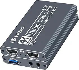 VEDO Placa de captura de vídeo 4K, dispositivo de captura de HDTV para USB 3.0 com sincronização de áudio e vídeo, compatível com consoles de jogos,para transmissão ao vivo,gravação e videoconferência