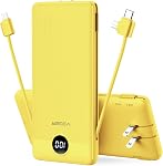 VEGER Portable Charger with Built-in AC Plug and Cables, All in One 10000mAh Ultra Slim Power Bank Travel Essentials, 15W Fast Charging Battery Pack Compatible with iPhone, Samsung, Android (Yellow)