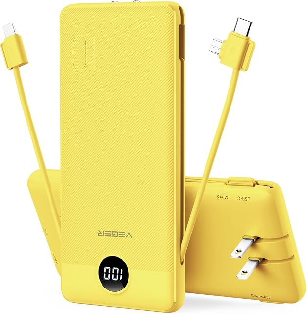 VEGER Portable Charger with Built-in AC Plug and Cables, All in One 10000mAh Ultra Slim Power Bank Travel Essentials, 15W Fast Charging Battery Pack Compatible with iPhone, Samsung, Android (Yellow)