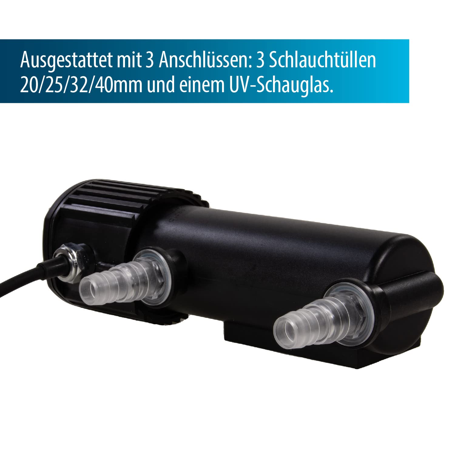 AquaForte GUV-207 UV-C, Max. Teich 6 m³, Max. Durchfluss 1,2 m³/Stunde, 7 Watt, Gehäuse mit Quick Lock-Anschluss, Ausgestattet mit 3 Anschlüssen: 3 Schlauchnippel 20/25/32/40 mm und UV-Schauglas