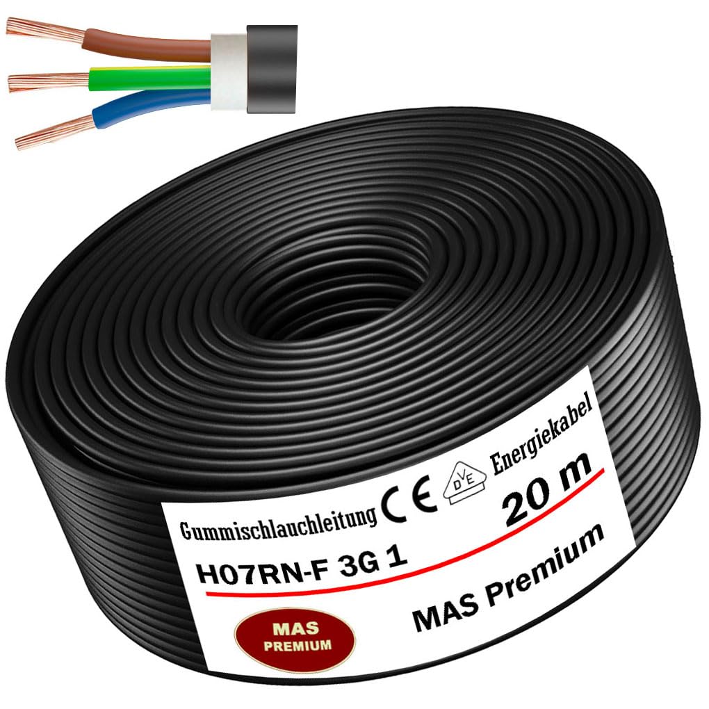 MAS Premium Câble d'alimentation en caoutchouc - 5-100 m - H07RN-F 3G 1, 3G 1,5, 3G 2,5, 3G 4, 3G 6, 3G 10 ou 3 x 1,5 - Câble flexible pour appareils lourds - (H07RN-F 3G1 mm², 20 m)