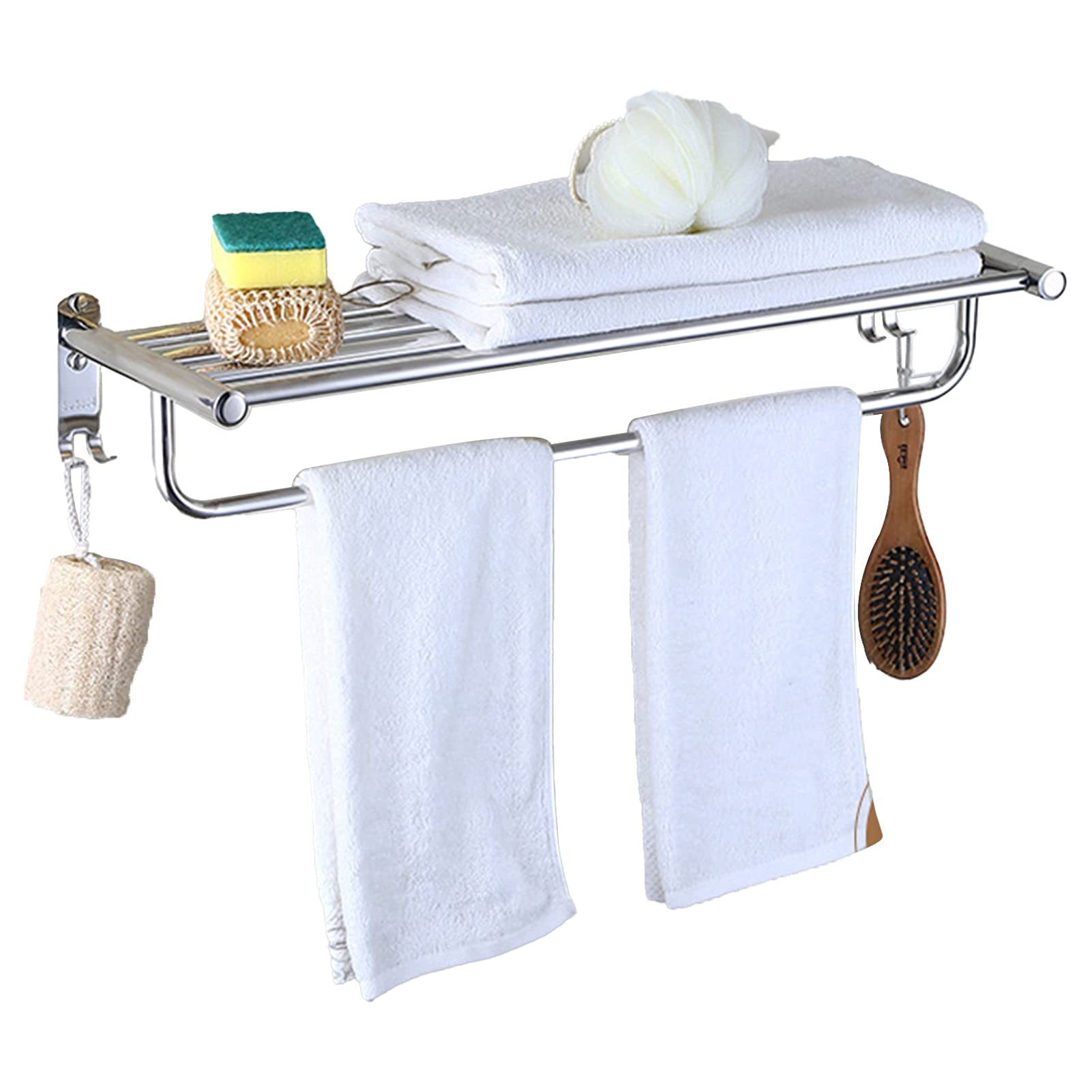 LMYSXAOZ Double Hook Base Towel Rack Holder, 40cm-80cm, Wall Mounted Shelf for Bathroom Hardware and Kitchen, SUS 304 Stainless Steel Layer Storage Shelves, Multi-Bar (Size : 60cm)