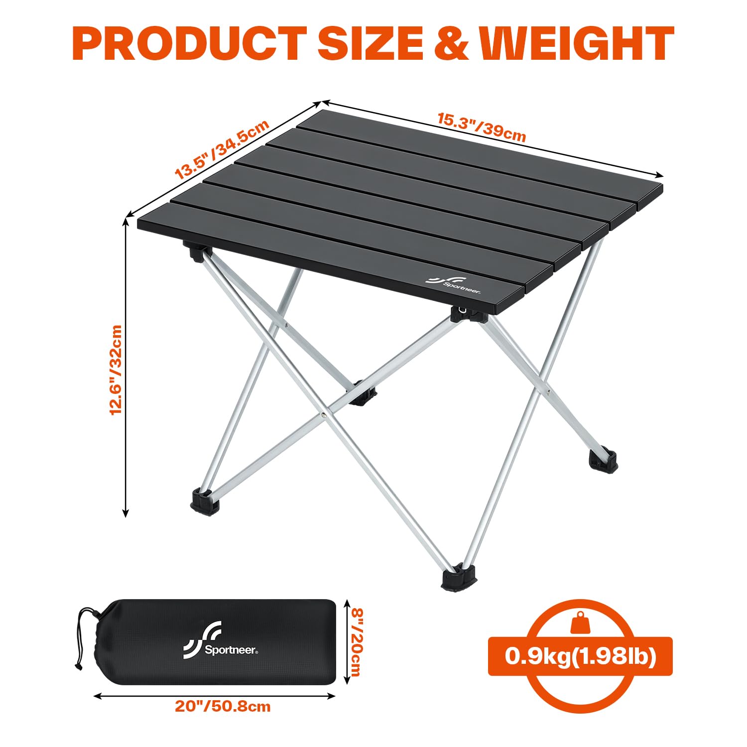 Sportneer Campingtisch, Klapptisch Camping, Aluminium Camping Tisch Leichte mit Tasche, Leicht zu tragen, klappbar Tisch Präfekt für Picknick Kochen Garten Wandern Reisen, Ohne Abnehmbares Netz
