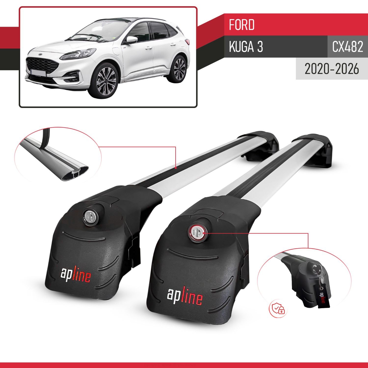 Compatibile con Ford Kuga 3 (CX482) 2020-2026 Modello ACE-2 Barre Tetto Portapacchi Auto Barre Portatutto Grigio Alluminio 2 Barre
