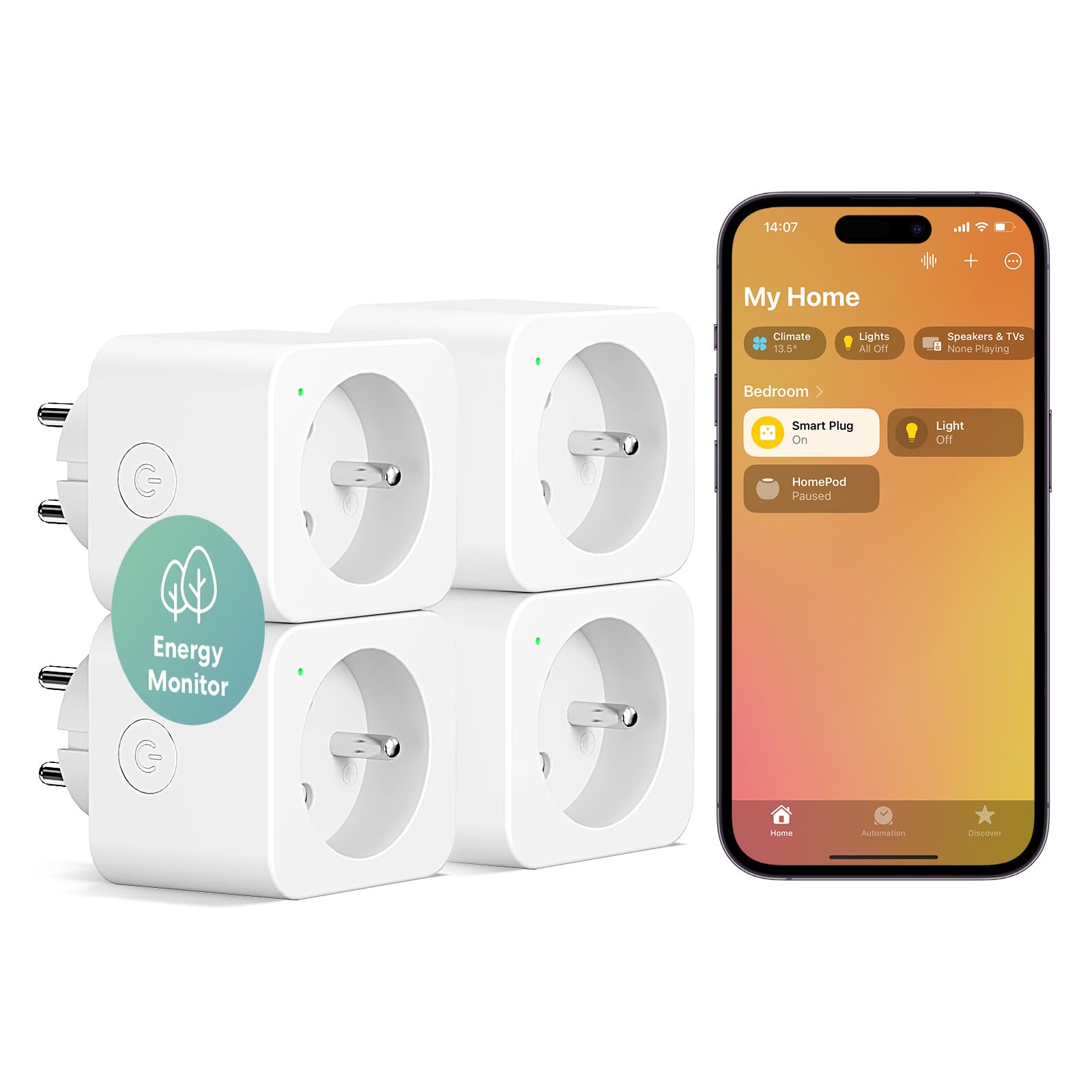 meross Meross Prise Connectée (Type E), 16A Prise WiFi Compatible avec HomeKit, Alexa et Google Home, Lot de 4 Prise avec Mesure de Consommation Électrique, Commande Vocale et Contrôle à Distance