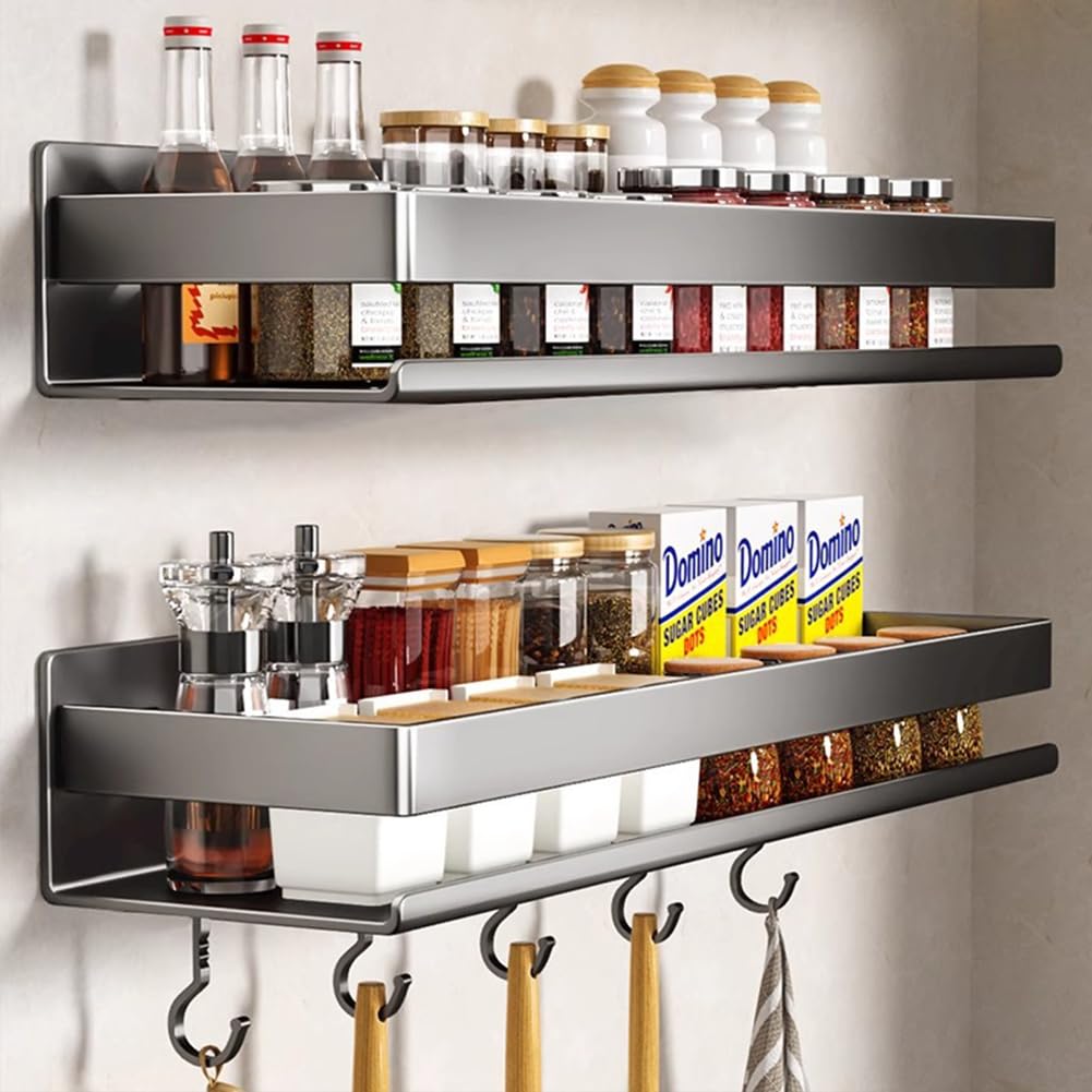 FARYODI Juego de 2 estantes para especias de pared, sin taladrar, estante de cocina con 5 ganchos de plástico, estante de especias para colgar en la puerta, estante de especias para colgar en el