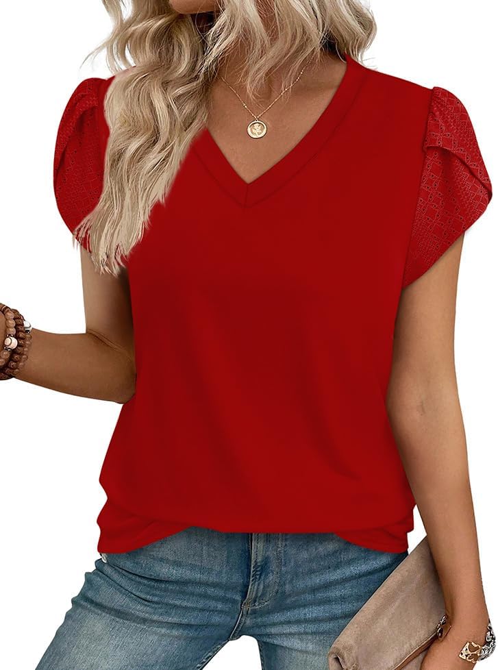 WIHOLL Womens Tops Dressy Casual Petal Sleeve Summer Spring Short Sleeve V Neck Shirts Work Business Vacation Clothes 2026 - Image 2