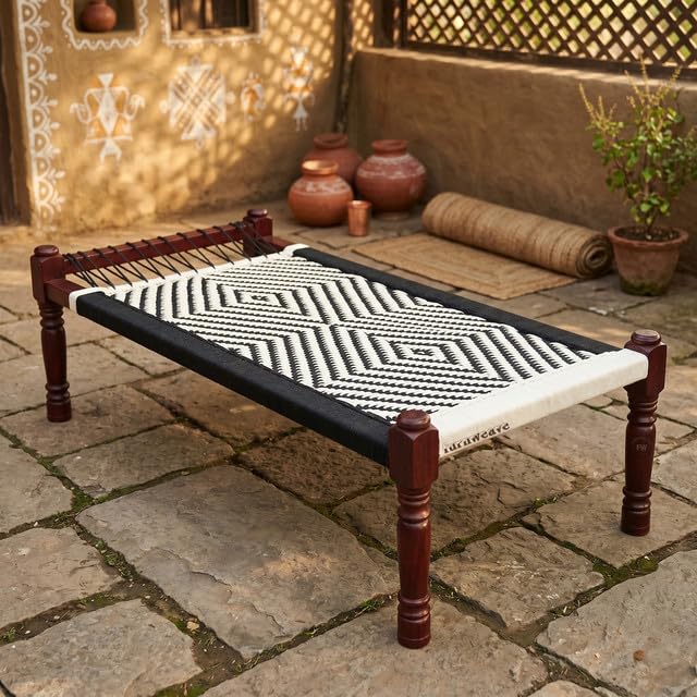 Solid Sheesham Wood Charpai Khat | Handcrafted Daybed Khatiya Charpai with Cotton Rope | Traditional Khat Bed Wooden Diwan Cot for Living Room | 6X3 Feet | Black and White-image-26
