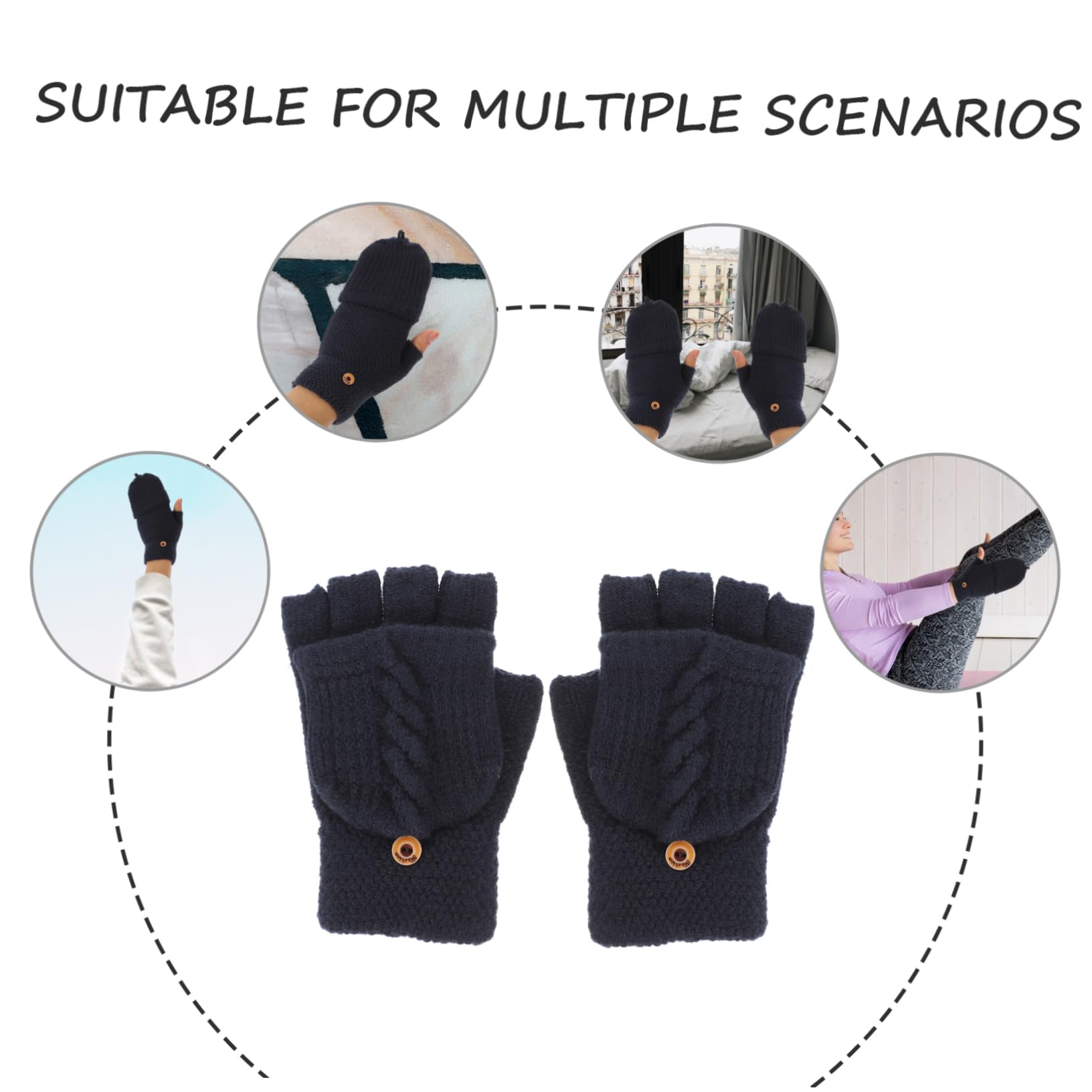 Mitones sin Dedos para Mujer Cálidos de Punto Solapa Negro | 1 Par, Cachemira y Fibra Acrílica, Diseño Convertible de Medio Dedo, para Invierno y Actividades al Aire Libre