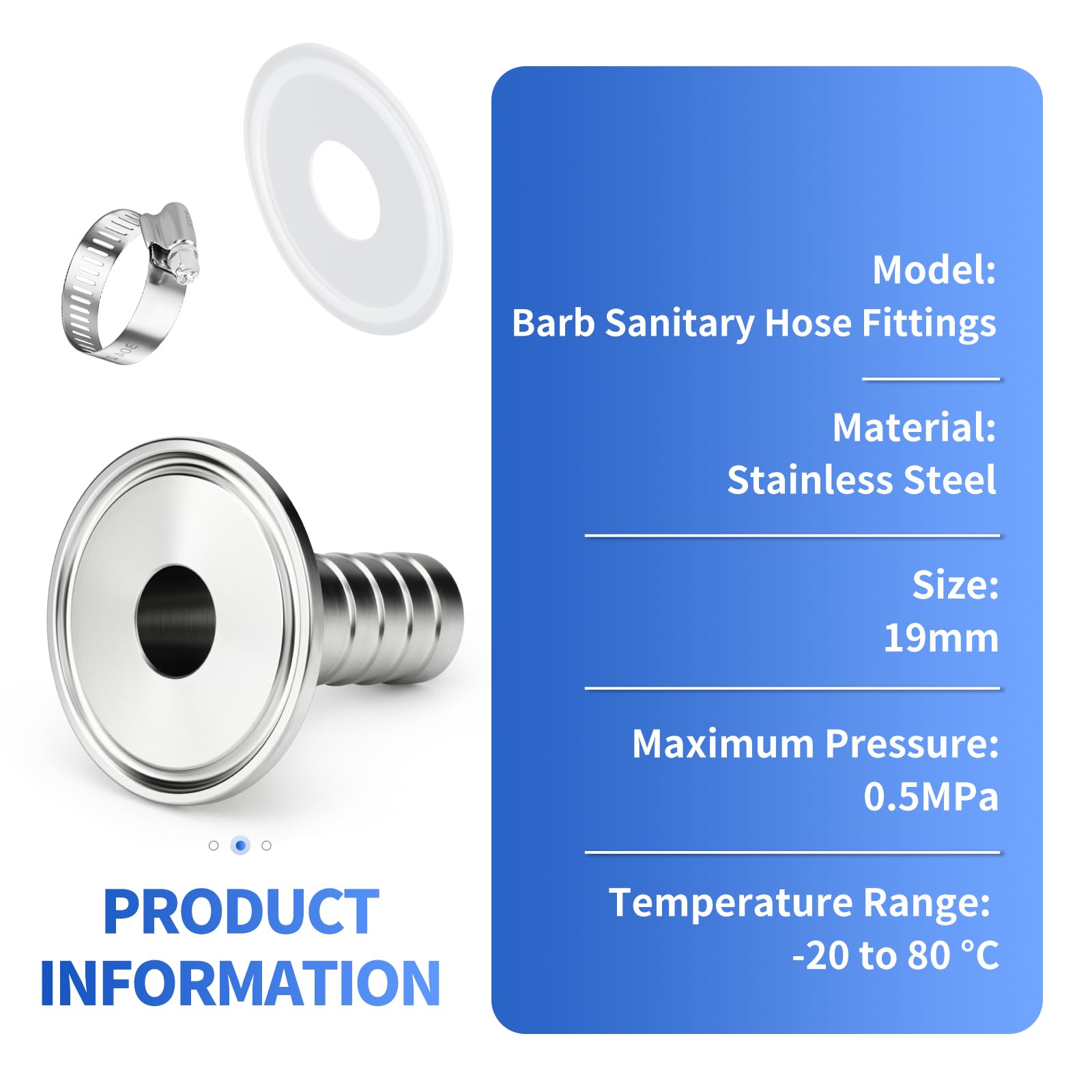 5 Stück 1.5" Tri Clamp zu 19MM Schlauch Barb 304 Edelstahl Sanitär Schlauch Fitting Ferrule OD 50.5mm Hausbrau Anschluss