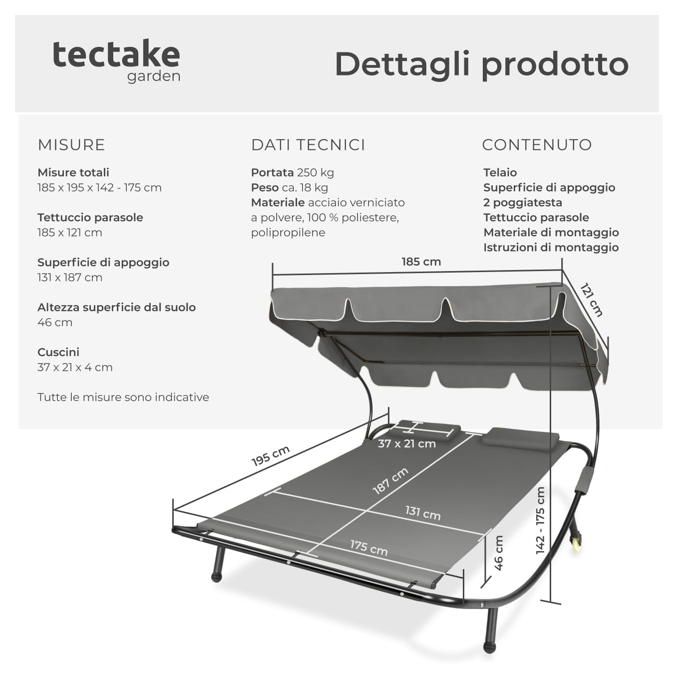 Tectake Lettino Prendisole Doppio con 2 Cuscini da Esterno, Telaio in Metallo, Rotelle, Tenda da Sole Pieghevole - Nero/Grigio