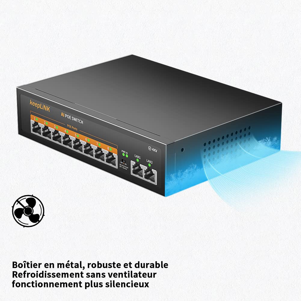 10 Port Gigabit PoE Switch, 8 Ports 1000Mbps PoE+, 2 Ports 1000Mbps Uplink, Puissance intégrée de 120 W IEEE802.3af/at, Plug and Play Non géré en métal sans Ventilateur