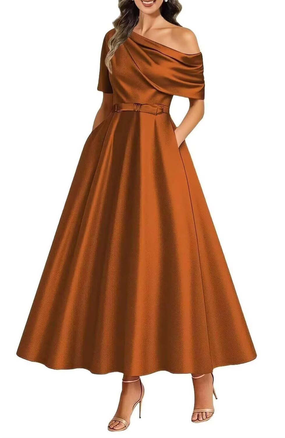 Kiyne Women's Burnt Orange Satin Mother Of The Bride Dresses Tea Length For With Pockets A Line Prom Dress Corset Wedding Party Gown Uk12