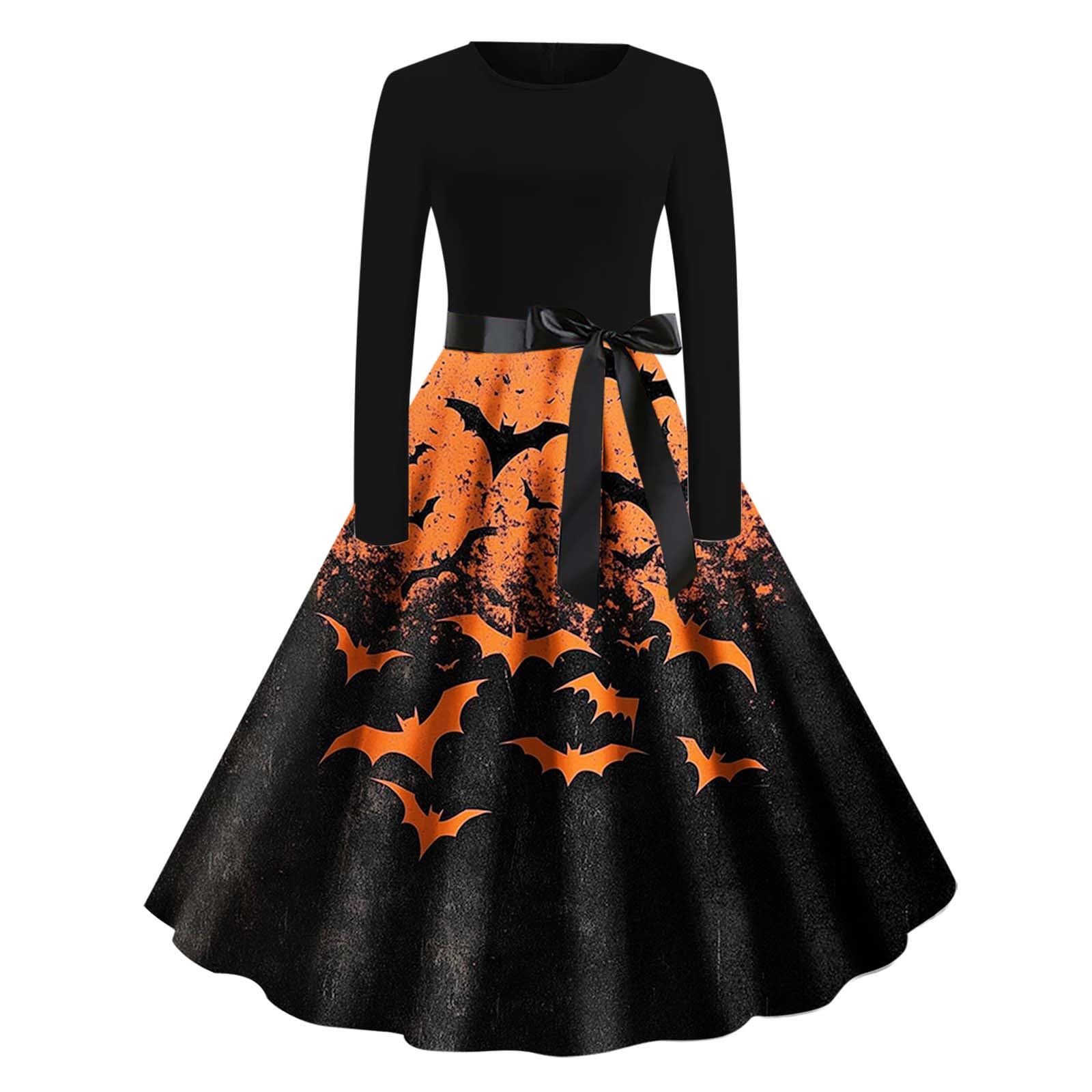 HAOLEI Halloween Costumes Adult Women, Ladies Halloween Dress Retro Pumpkin Skeleton Print Long Sleeve A Line Swing Dress Black Vintage Skull Witch Rockabilly Party Cocktail Novelty Dresses