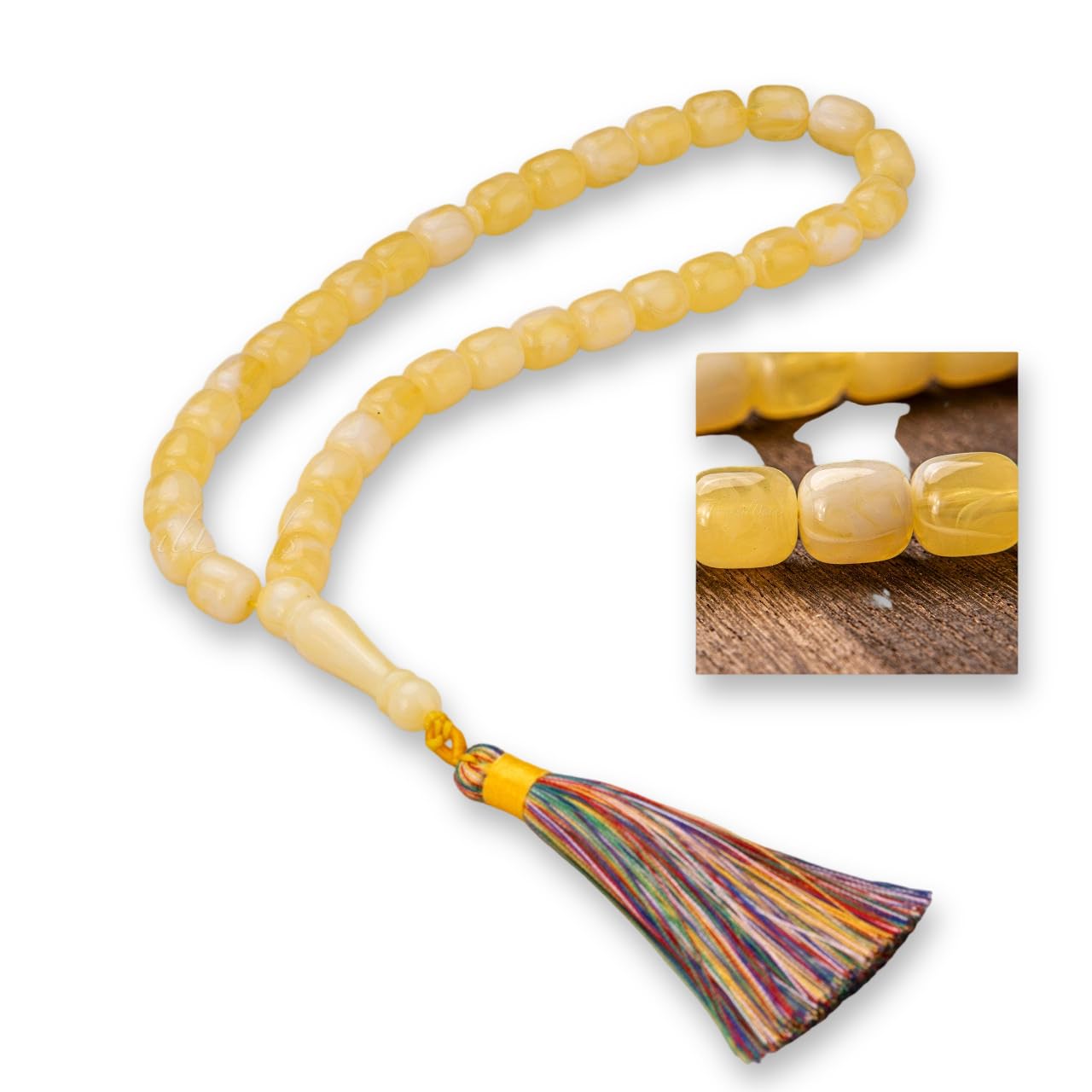 Amber-Look Resin Tasbih – 33 Prayer Beads in L or S Size – Golden Glow with Gift Box – Elegant Islamic Tasbeeh for Zikr, Ramadan, or Umrah (L-size)