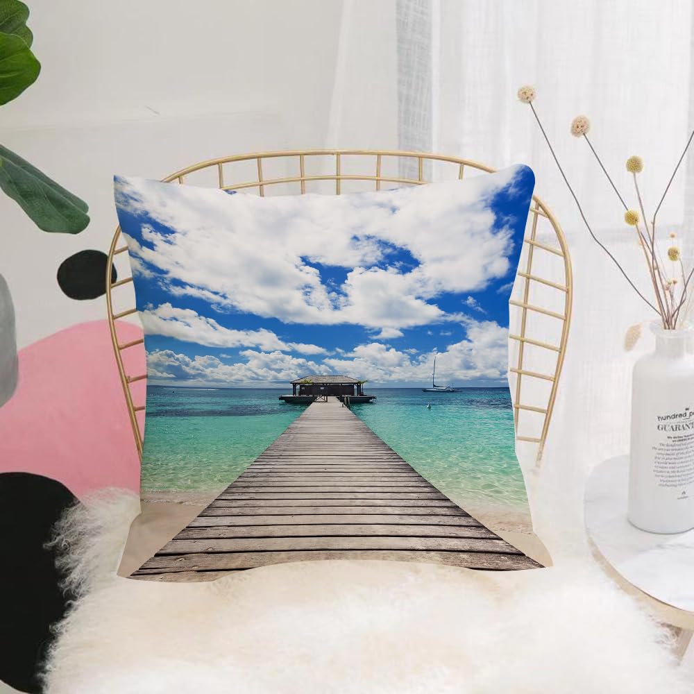 HYOSXW Cushion Cover,Throw Pillow Case Home Decorative for Living Room Bedroom Sofa Chair 16X16 Inch,Ocean,Caribbean Seascape with Jetty and Sail Boat Cloudy Sky,Pillowcase 40X40cm