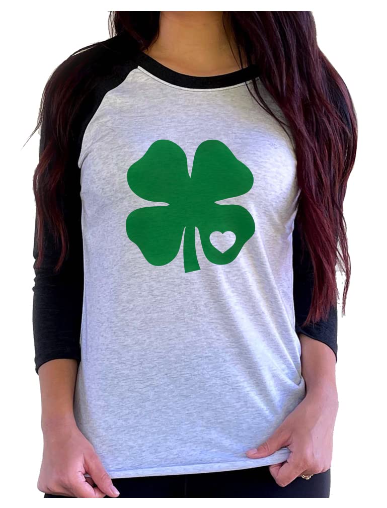 St Patricks Day Shirt Women Irish Green Clover Heart 3/4 Raglan T-Shirt Medium Black/White