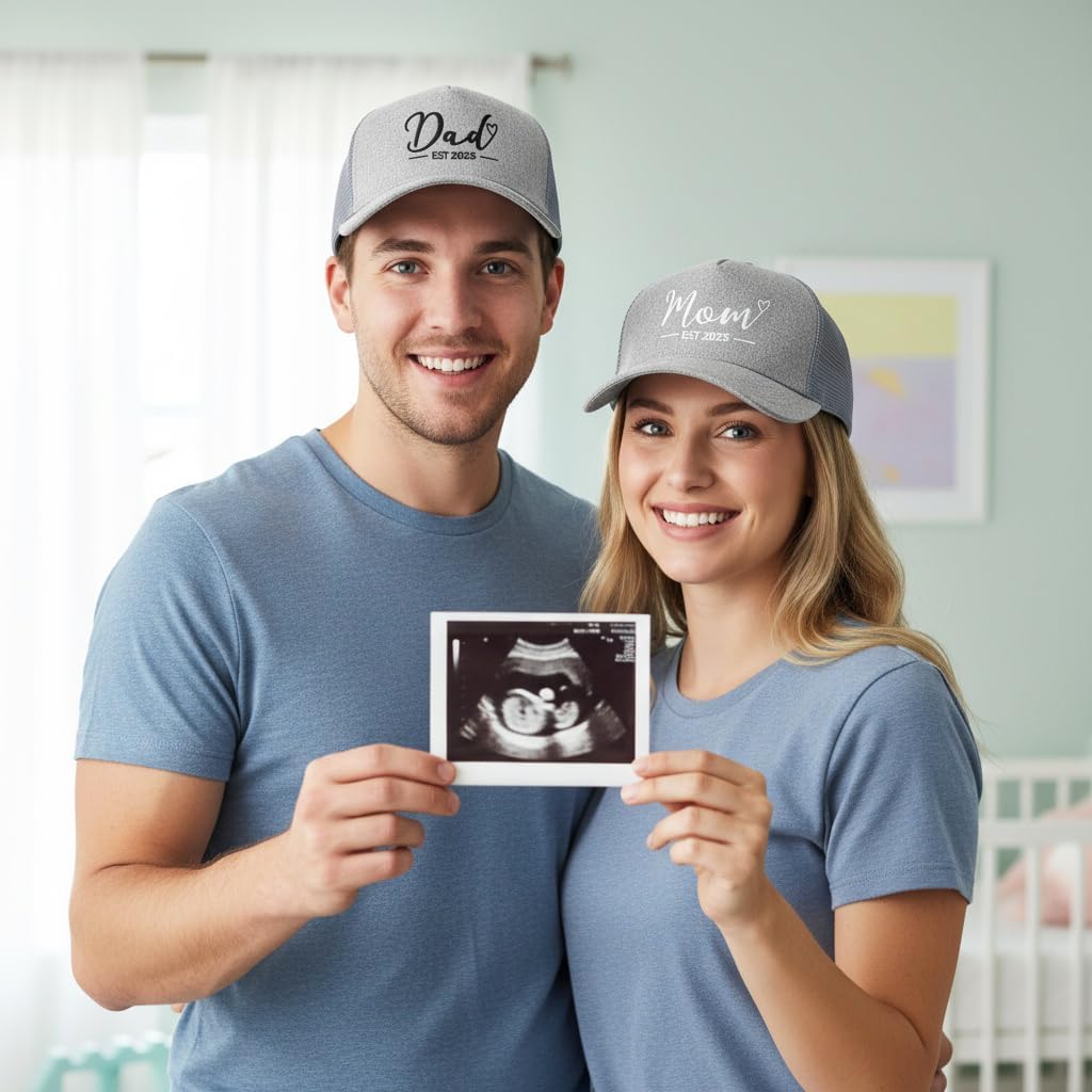 Embroidered Mom And Dad Est 2025 Hats Grey Caps for New Parents, New Mommy/Baby Shower Gifts Pregnancy Announcement First Time Mom Dad Gift Couple Hats for Family Photos - Image 3