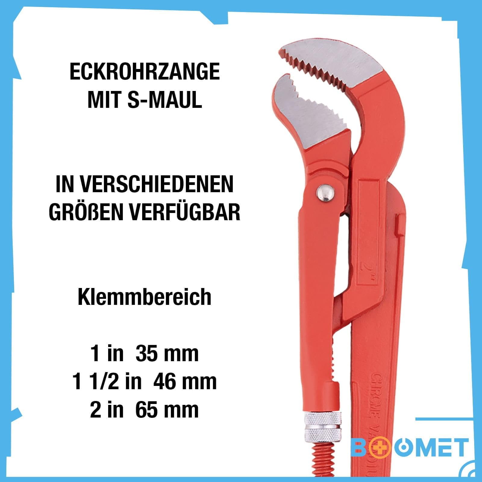 Rohrzange 3er Set S-Maul + Gerade · S 1 Zoll, 1,5 Zoll, 2 Zoll · Eckrohrzange · Set und Einzeln · 45 Grad abgewinkelte Wasserpumpenzange · Zangenschlüssel Wasserrohrzange Armaturenzange gross