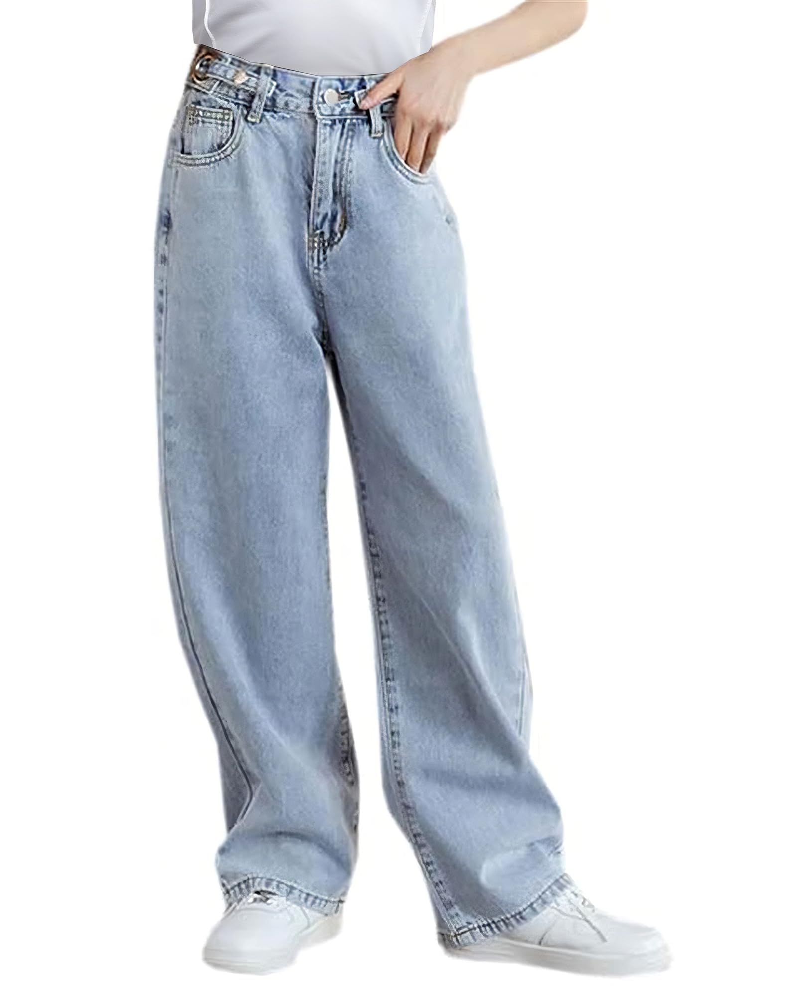 SANGTREE Girls Baggy Jeans Wide Leg Jeans Elastic Waist Casual Denim Pants Kids Clothes,6-14 Years
