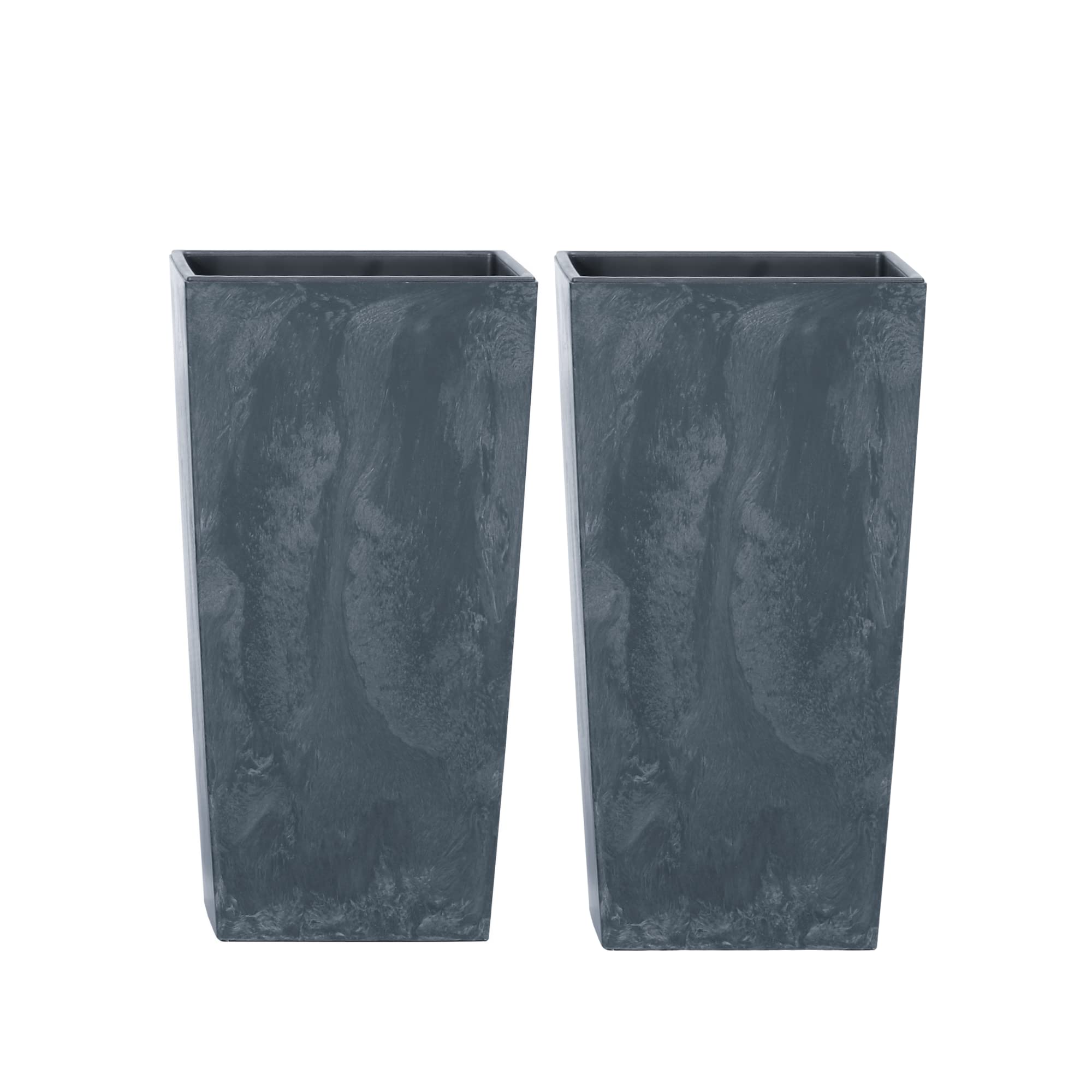 URBNLIVING 2Pcs Tall Square Concrete Effect Flower Plant Pot Indoor Outdoor Garden Patio Planter (Black)