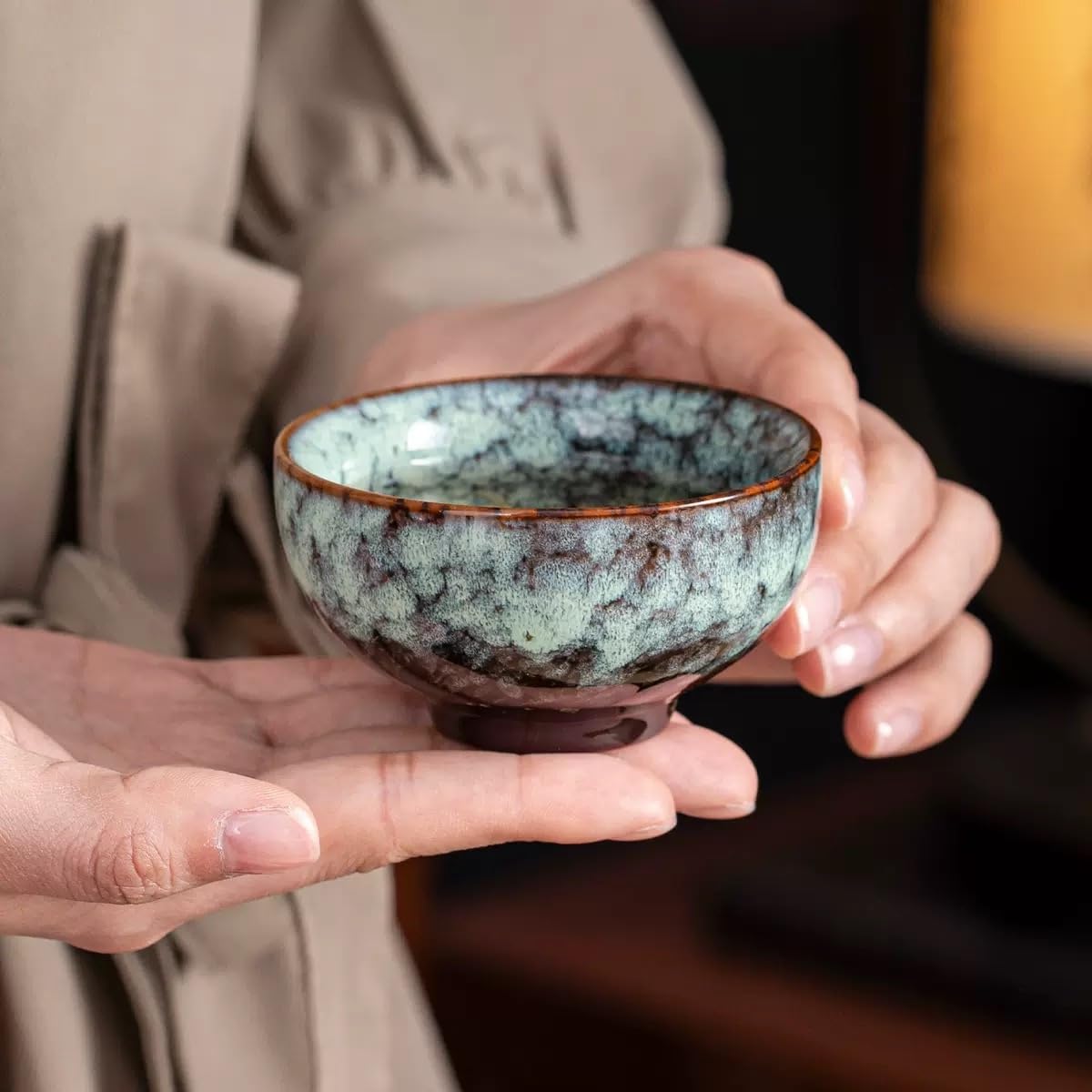 Set 6 Keramik-Teetassen mit einzigartigem Glaze-Effekt, Jianzhan-Stil-Verkostungstassen, Geschenk für Teeliebhaber (Set 9)
