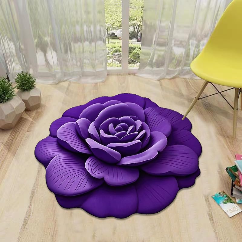 Floral Plush & Diatomaceous Earth Floor Mat,3D Flower Design Non-Slip Absorbent Mat,Realistic Pattern and Quick Drying,Multicolor for Bedroom,Sofa 23.6/31.5/39.4/47inches (Purple, 120cm/47inch)