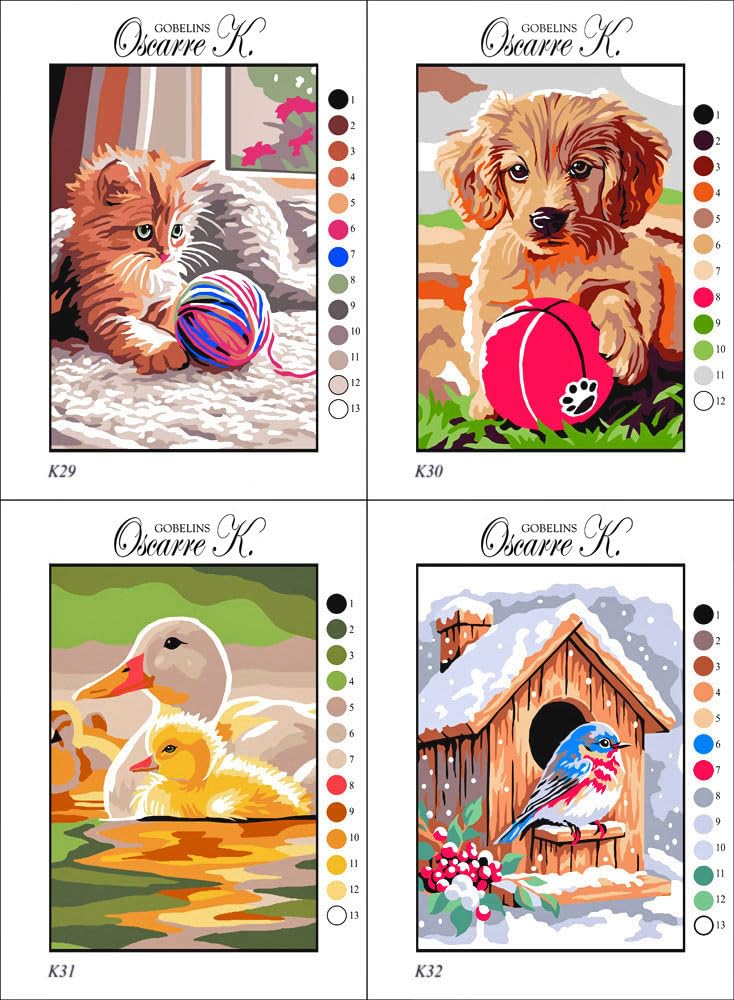 Oscarre K. gobelins - Set 4 Kit Ricamo Mezzo Punto Croce Completi - Cuccioli - Canovaccio Stampato 30 x 22 cm (Ricamo Finito 23 x 16 cm)