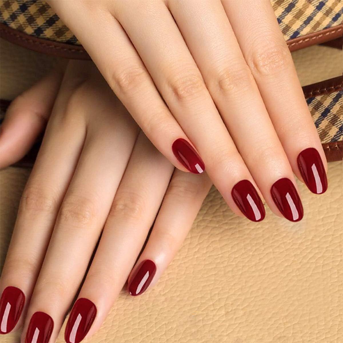 24Pcs Wine Red False Nails Artificial Nails Set With Nail Tools (Short Oval)