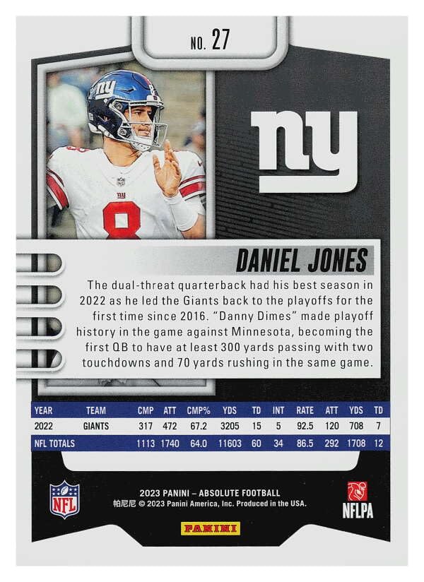 DANIEL JONES ダニエルジョーンズ 【RICK CANE】 Amazon.com: 2023 PANINI ABSOLUTE #27 DANIEL JONES NEW YORK GIANTS