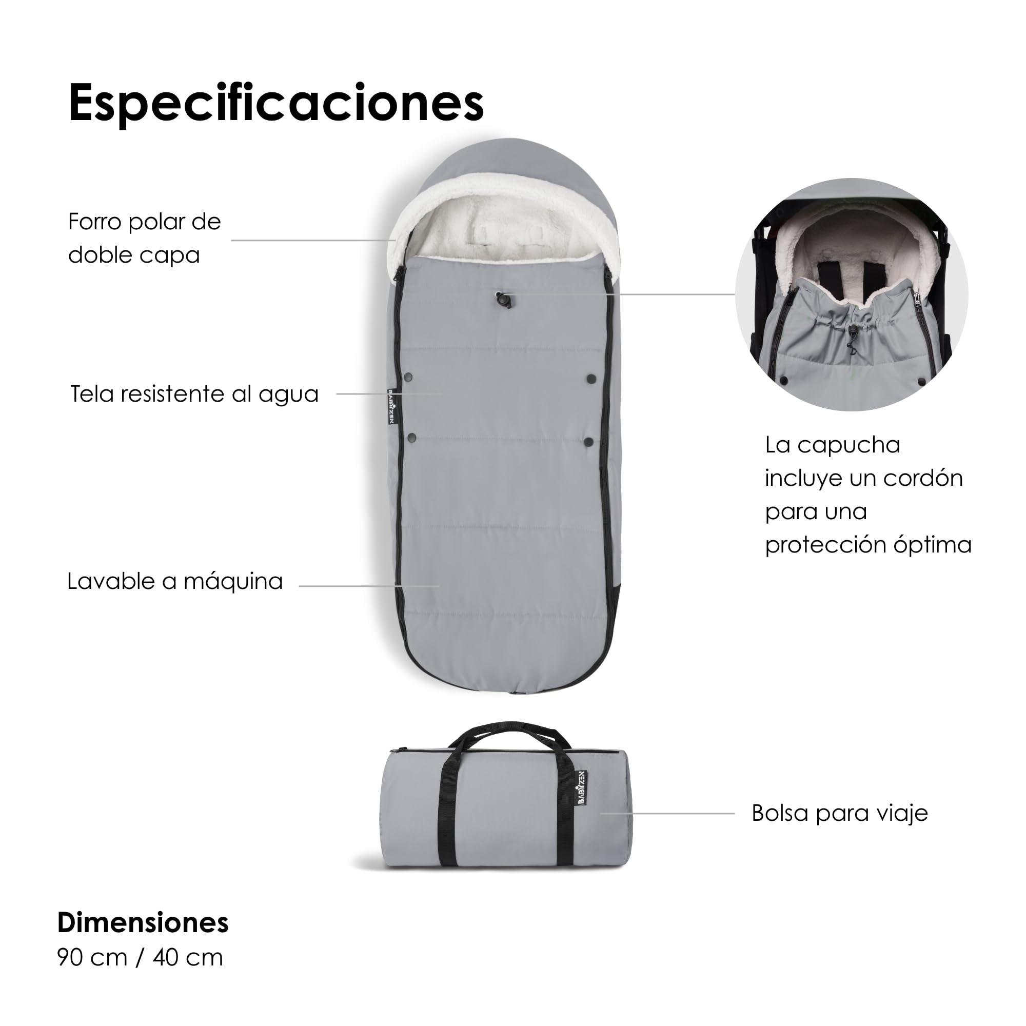 Babyzen Saco YOYO, Stone - Forro Polar y Capucha con cordón para Mantener Caliente al bebé - Incluye Bolsa para Viaje - Lavable a máquina