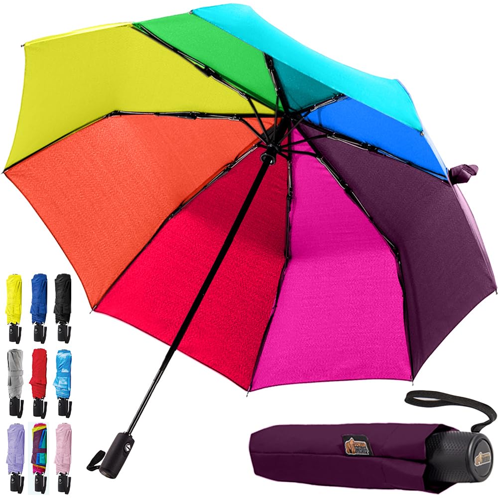 GORILLA GRIP Strong Windproof Stick Compact Umbrella for Rain, One-Click Automatic Open and Close, Durable Quick Dry Waterproof Material, Lightweight and Portable, Travel Size Fits Backpack, Rainbow