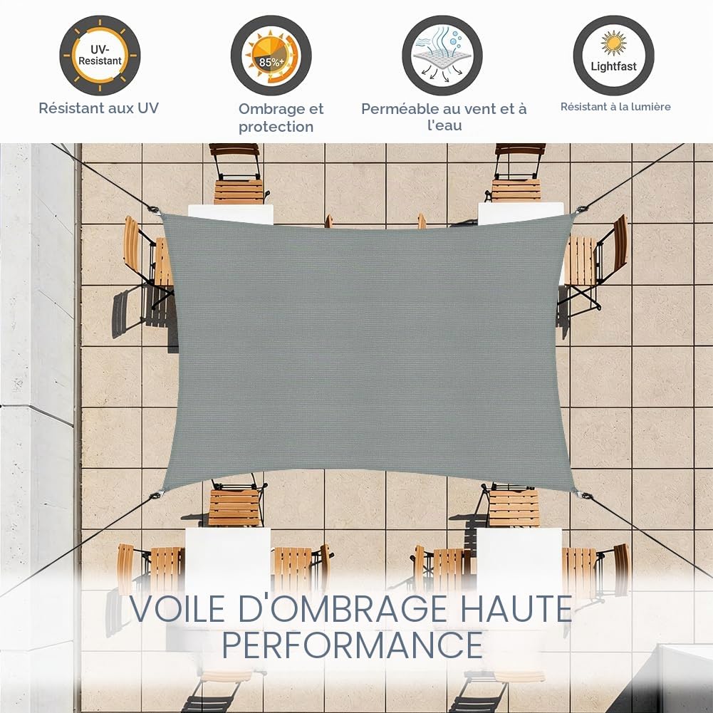 Voile d'ombrage Rectangulaire, 3 x 4M Toile Ombrage Imperméable | Protection Solaire, Protection UV 90%, HDPE, Voile Ombrage Jardin avec Cordons, pour Patio,Terrasse,Balcon(Gris Foncé)