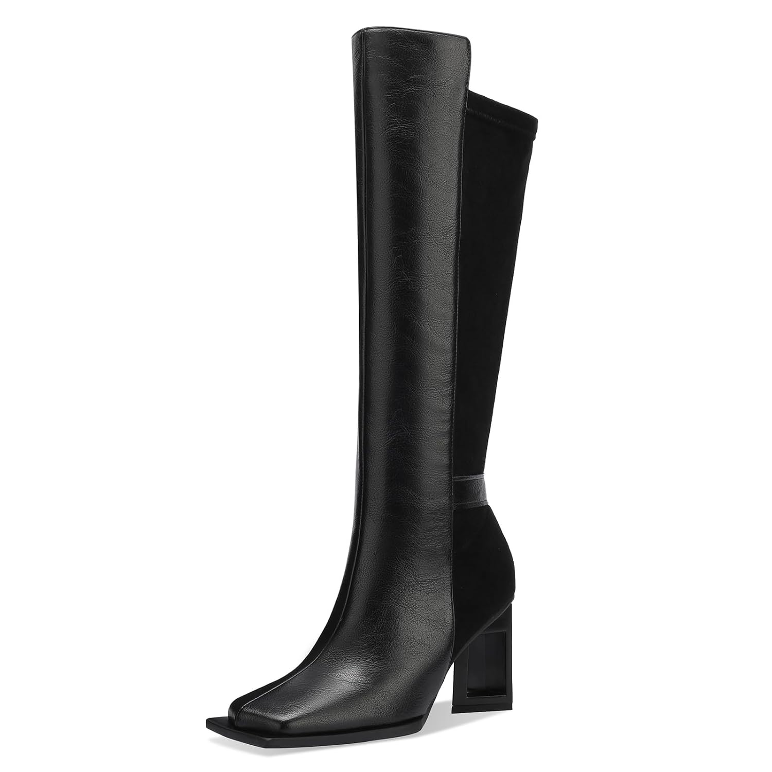 TDD Square Toe Boots for Women Black Knee High Heels Chunky Block Ladies Tall Long Faux Leather Fashion