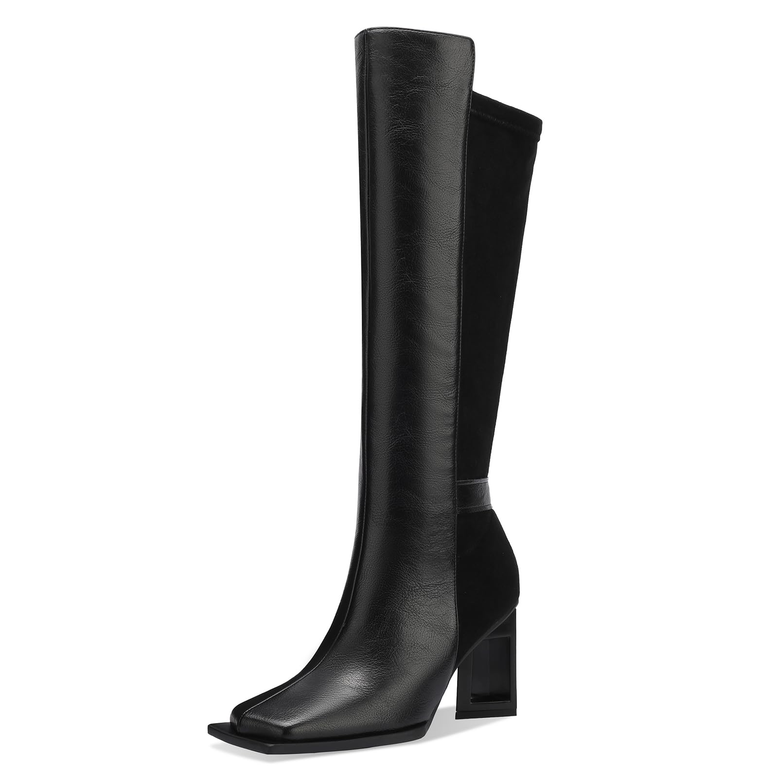 TDD Square Toe Boots for Women Black Knee High Heels Chunky Block Ladies Tall Long Faux Leather Fashion