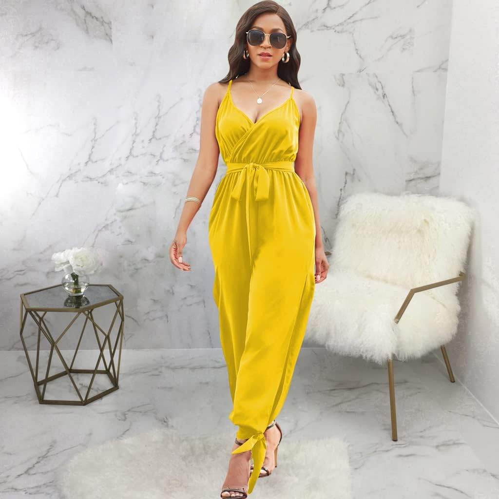 LightlyKiss Casual Summer Dressy Jumpsuits for Women Spaghetti Strap Wide Leg Split Long Pants Loose Fit Rompers - Image 8