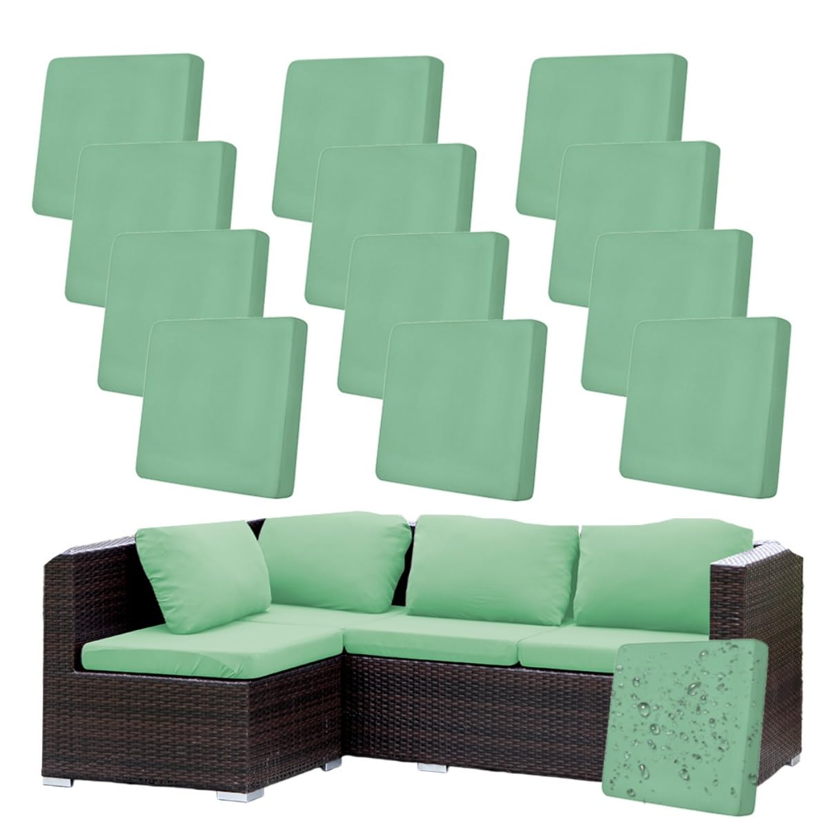 Hiseng Outdoor Cushion Covers Replacement 8/12 /14 PCS Water Resistant Patio Seat Cushion Covers for Garden Furniture Rattan Corner Sofa, Solid Color Soft Stretch Washable (Light green,12PCS)