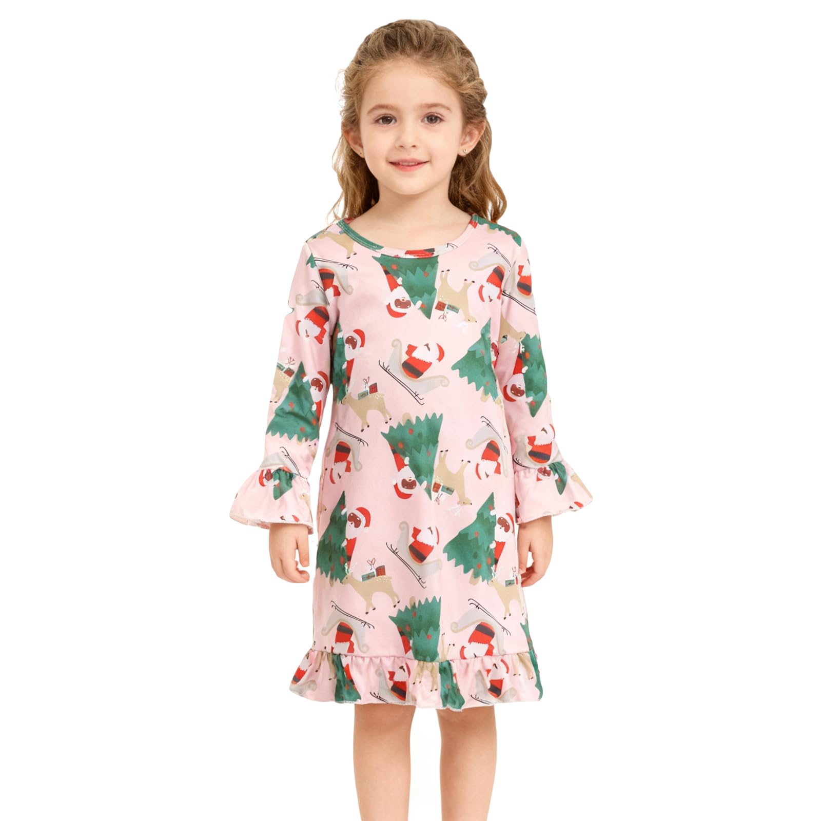 DACSOIT Christmas Toddler Girls Nightgowns Christmas Tree Elk Pattern Sleepwear Night Dress Pajamas 2-8Y