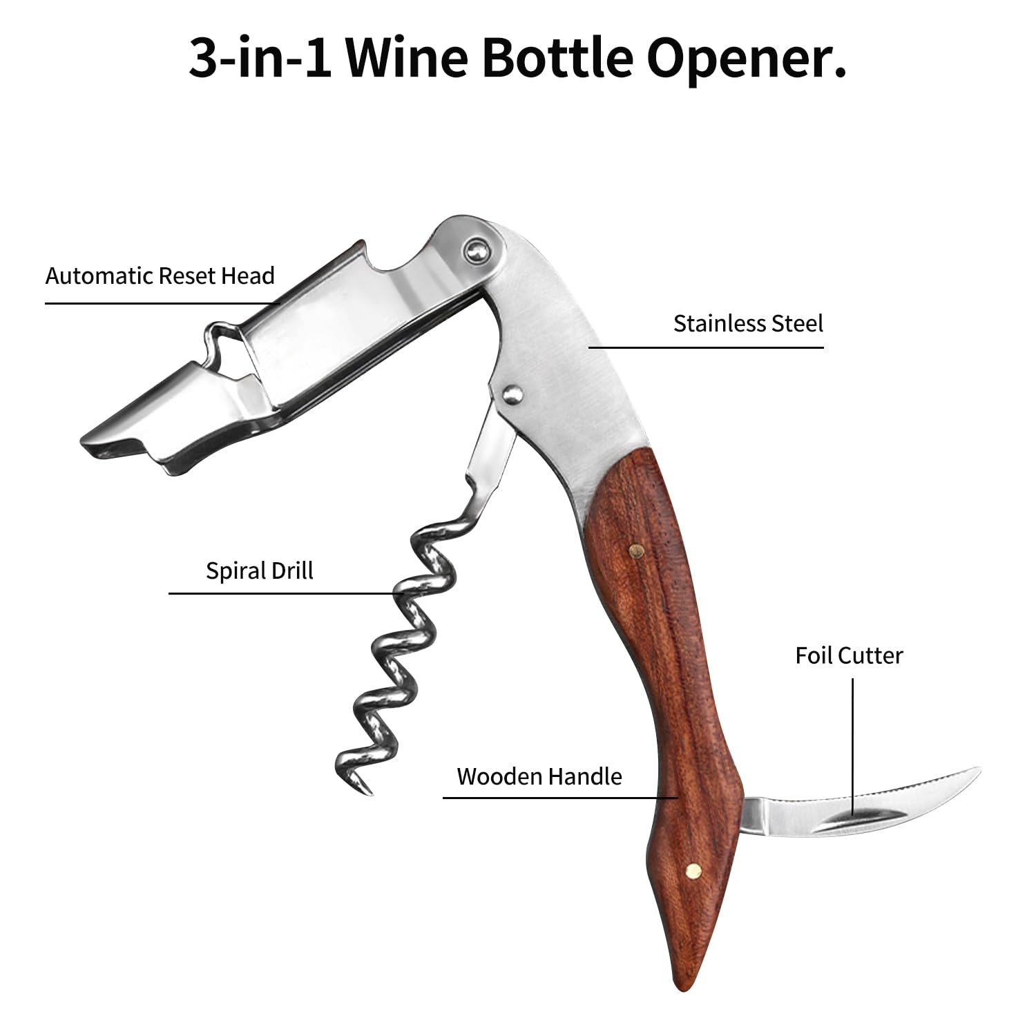 FUZVOL Waiters Corkscrew Stainless Steel Wine Opener Professional Bottle Opener Beer Opener Foil Cutter with Wood Handle for Bartenders, Sommeliers and Waiters - Image 3