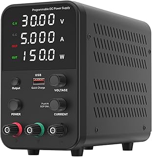 Fonte de alimentação de bancada CC variável 30V 5A Visor digital comutação ajustável Fonte de alimentação regulada CV CC com interruptor de saída, porta de carga USB ui, alarme de curto-circuito, botão de ajuste do codificador