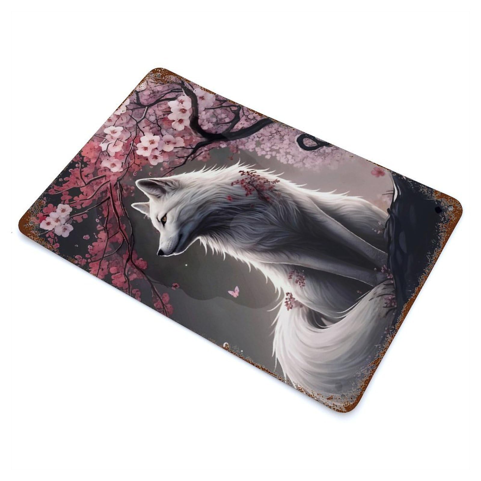 Wolf Cherry Blossom Animal Retro Metal Sign 11.8"x7.9", Ideal for Shed, Workshop And Garage Wall Decor