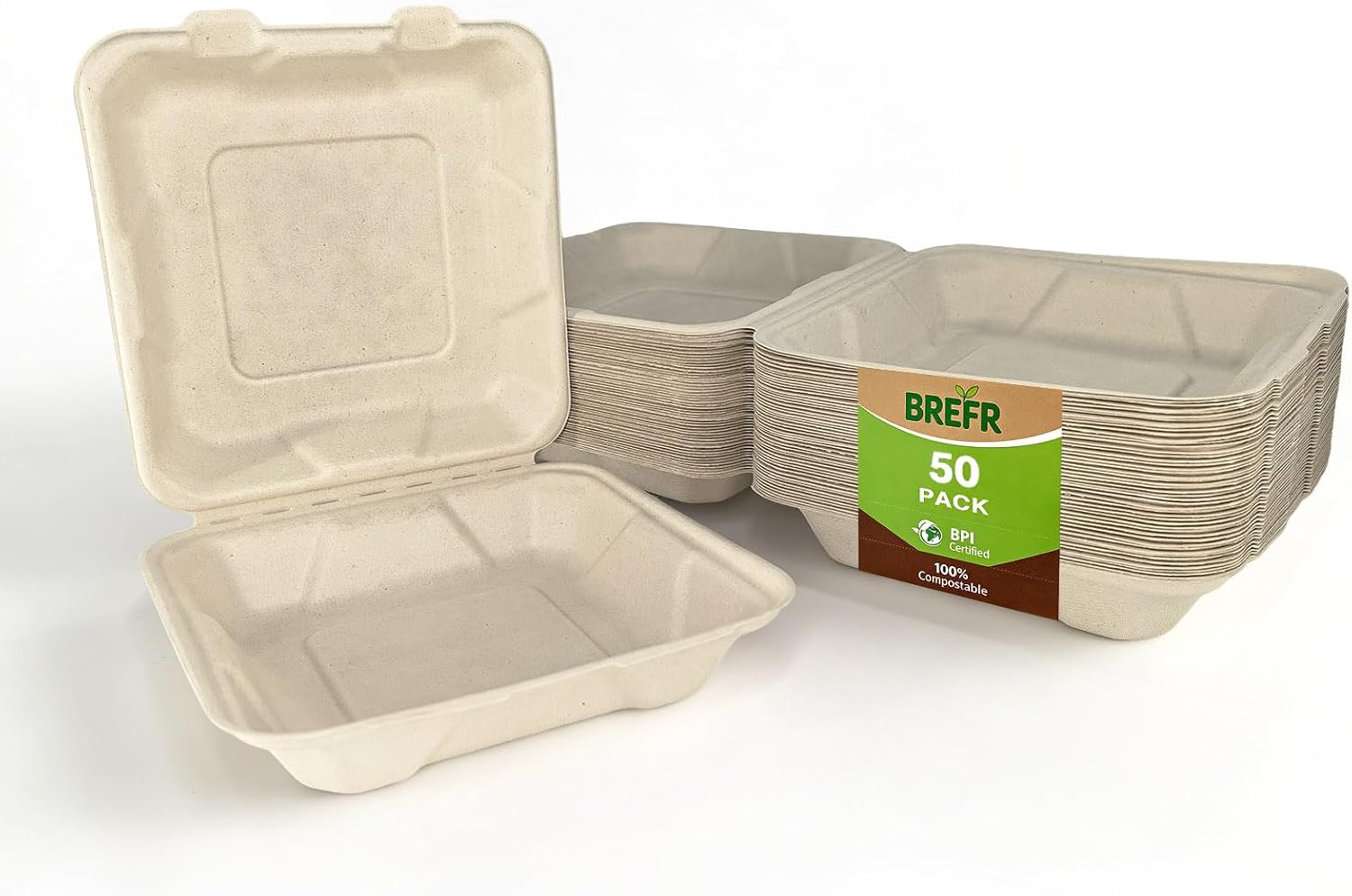 125 Pack 8x8 Inch Compostable Clamshell Containers, Biodegradable To Go Boxes – Heavy Duty Sugarcane Food Containers for Restaurant, Catering, Meal Prep