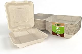 50 Pack 8x8 Inch Compostable Clamshell Takeout Containers, Biodegradable To Go Boxes – Heavy Duty Disposable Food Containers Made of Sugarcane Bagasse, For Restaurant, Cafe, Food Truck